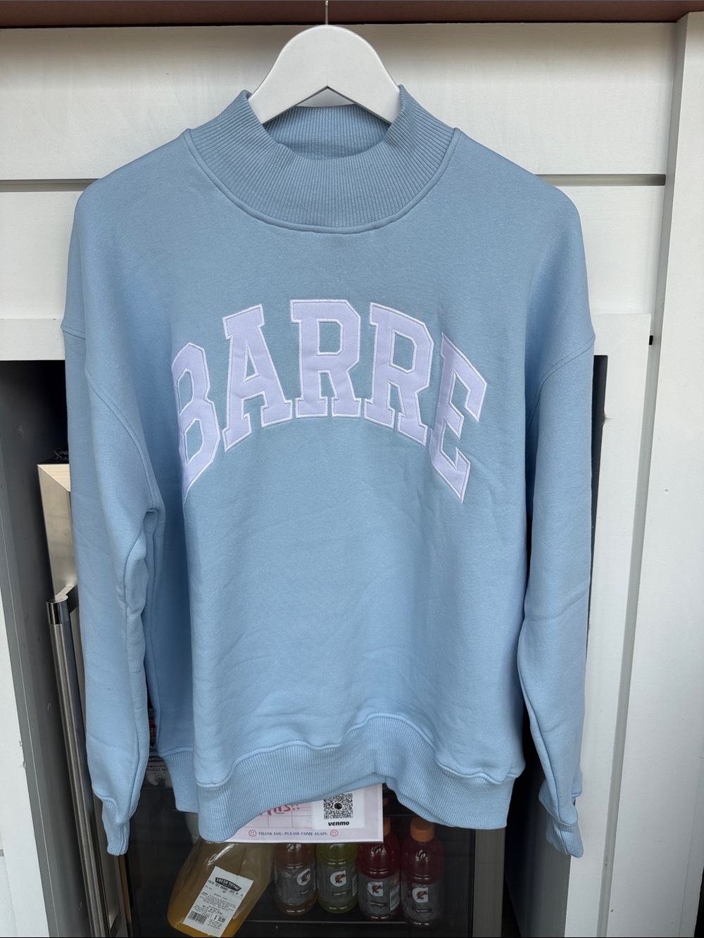 Pure Barre Light Blue Cowl-Neck Sweatshirt with White Appliqué